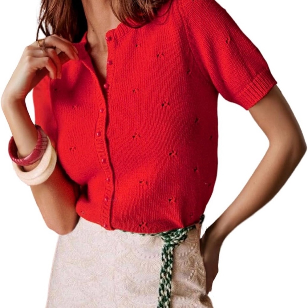 Red Short Sleeve Crochet Knit Cardigan